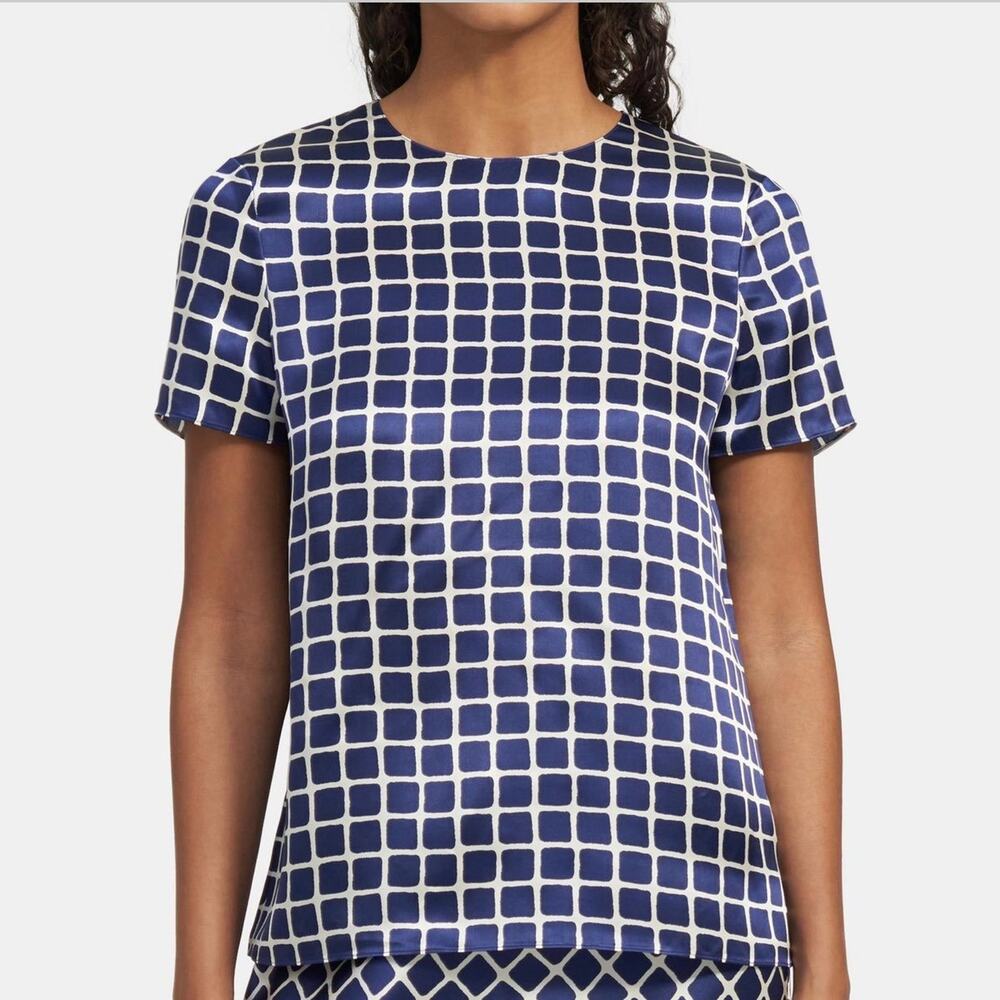 Theory blouse in tile printed satin